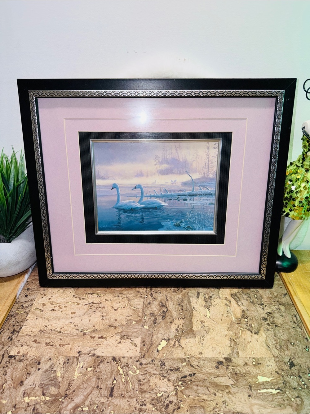 Handcrafted Framed Swan Lake Wall Art in Pink and Black w/ Silver Accents 🦢